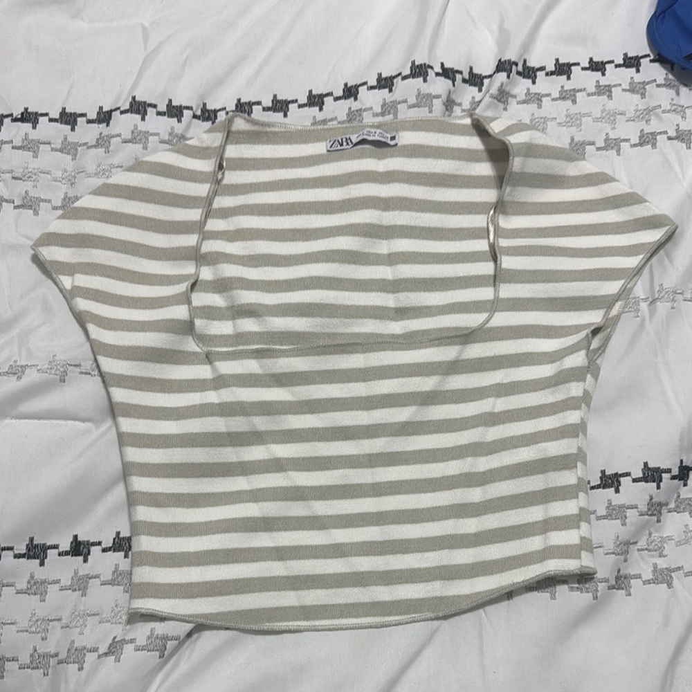 Zara White and Gray Sailor Collar Crop Top